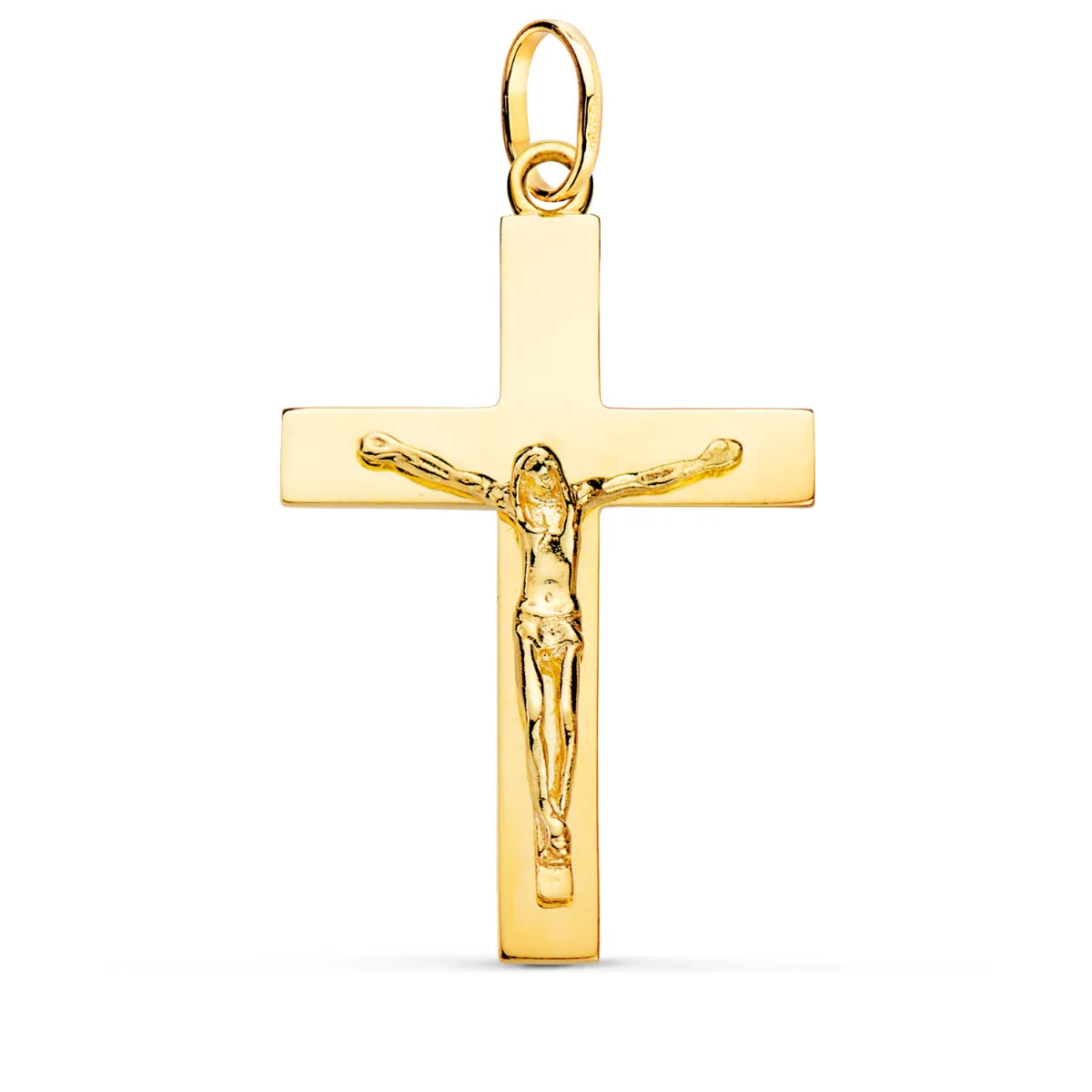 18K CRUZ ORO AMARILLO CRISTO MACIZA PALO RECTANGULAR BRILLO 38 X 24 MM