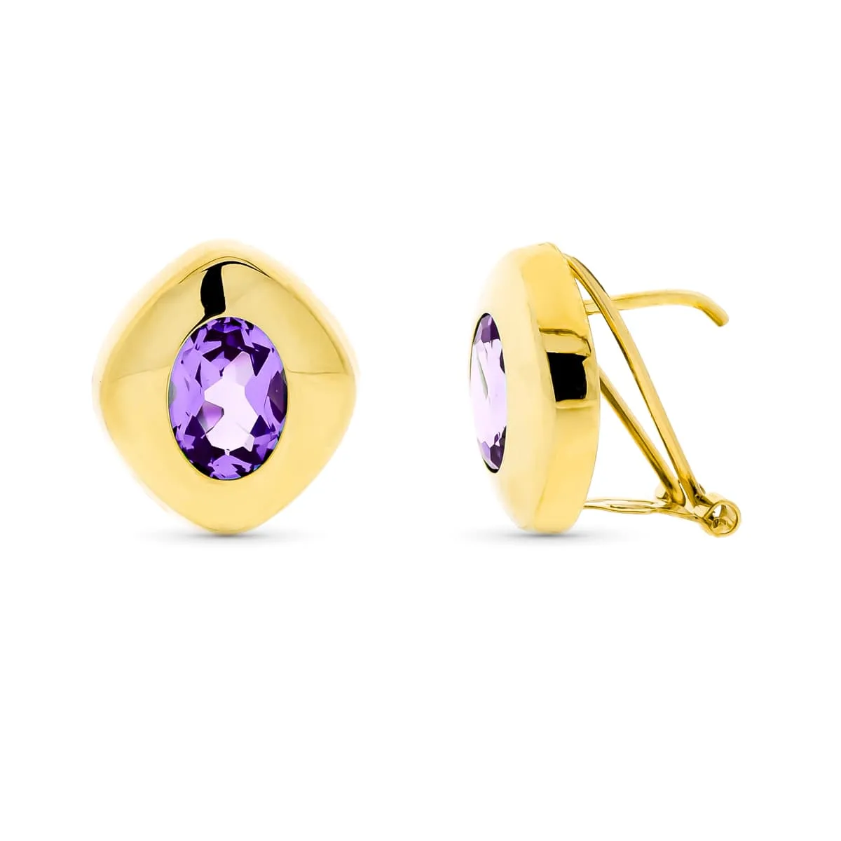 18K PENDIENTES ORO AMARILLO PIEDRA OVAL AMATISTA 8X6 MM CIERRE OMEGA