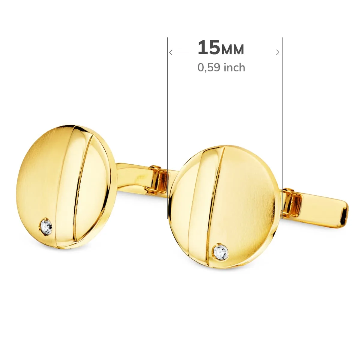 18K GEMELOS ORO AMARILLO REDONDOS MATE BRILLO 15MM CIRCONITA CIERRE RIGIDO OSCILANTE — vista 3