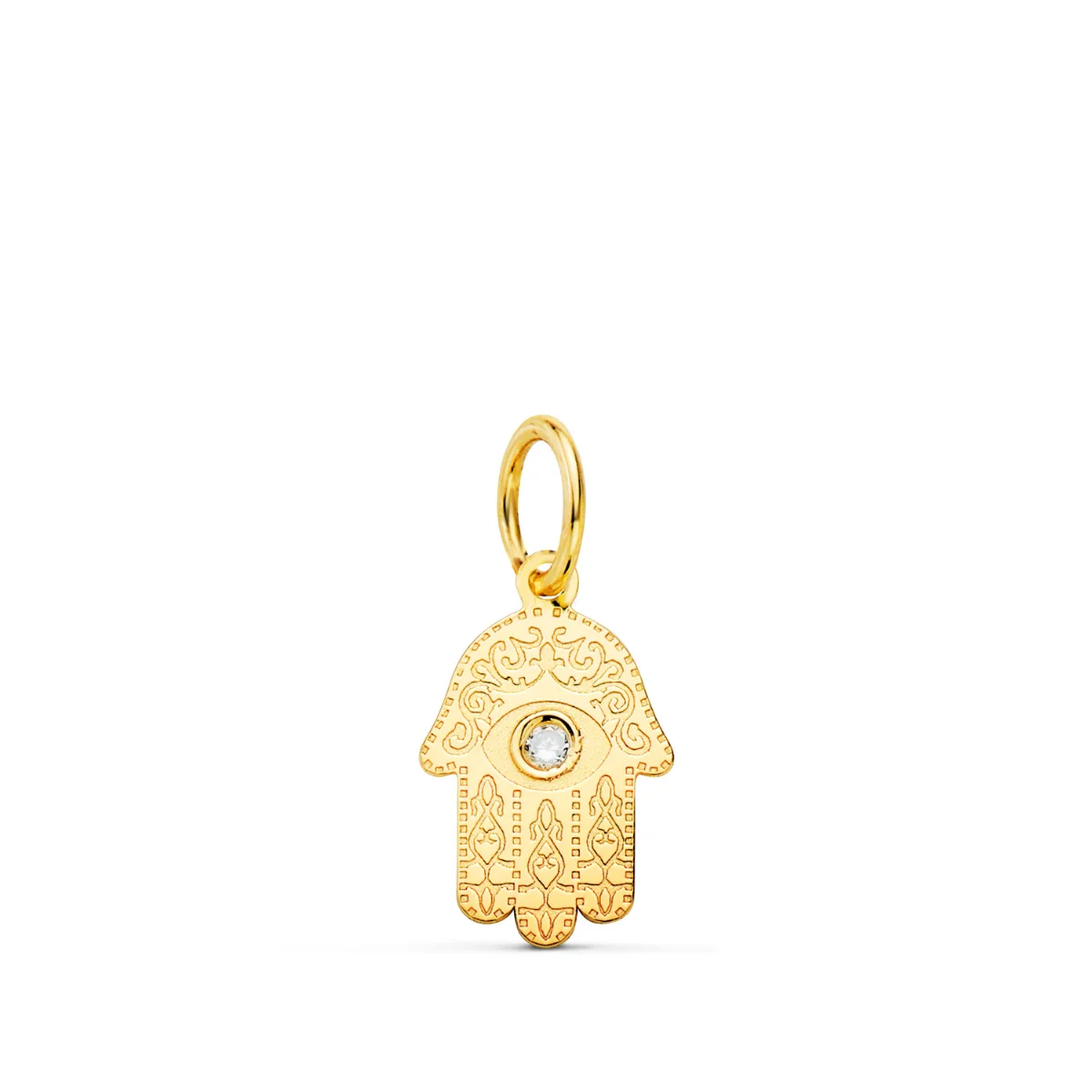 18K COLGANTE AMULETO ORO AMARILLO MANO DE FATIMA TALLADA CIRCONITA 11 X 6,5MM