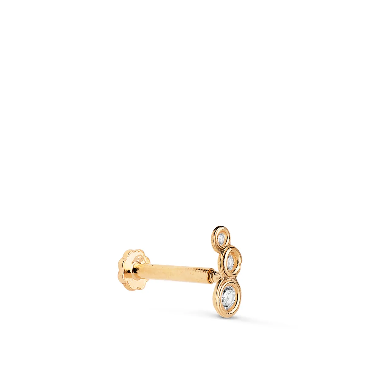 18K PIERCING DE OREJA ORO AMARILLO CON 3 CIRCONITAS 6,5X3 MM. GRUESO BARRA 1.20 MM. CIERRE TUERCA