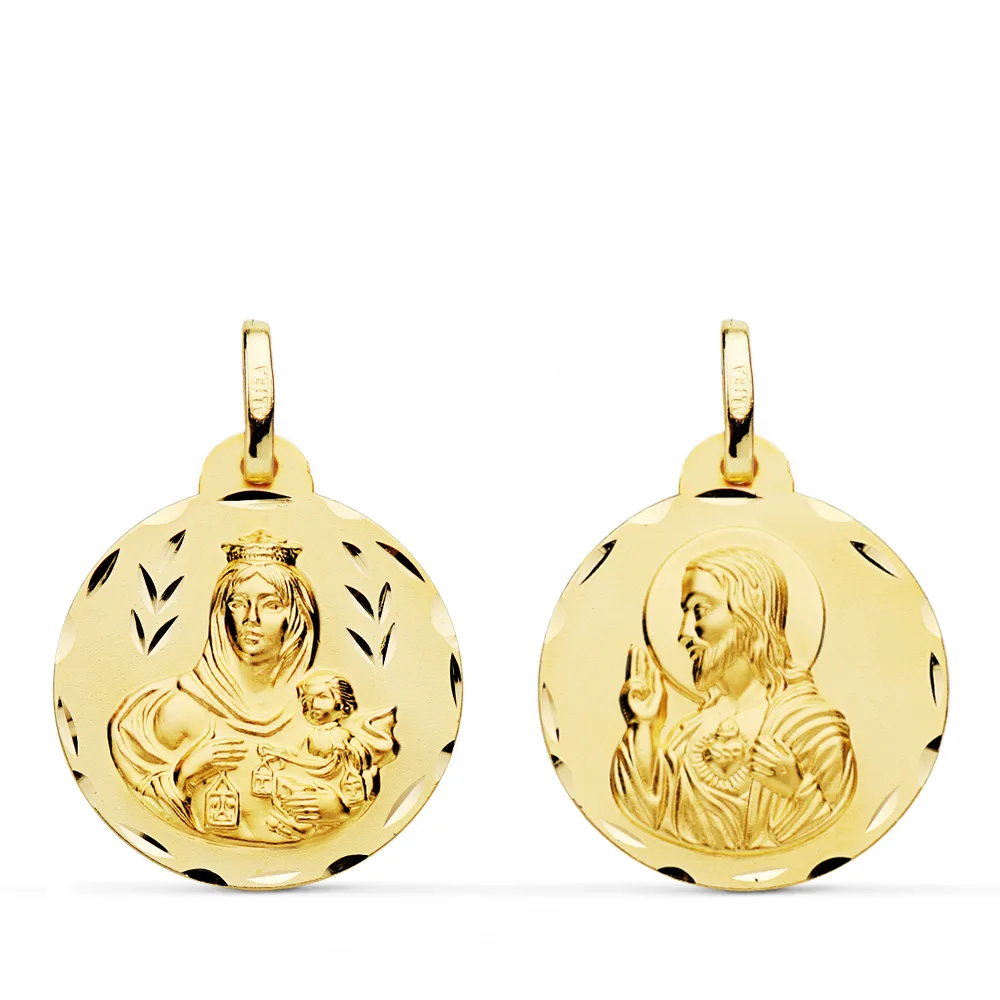 9K ESCAPULARIO ORO AMARILLO TALLADO VIRGEN DEL CARMEN Y CORAZON DE JESUS 20 MM