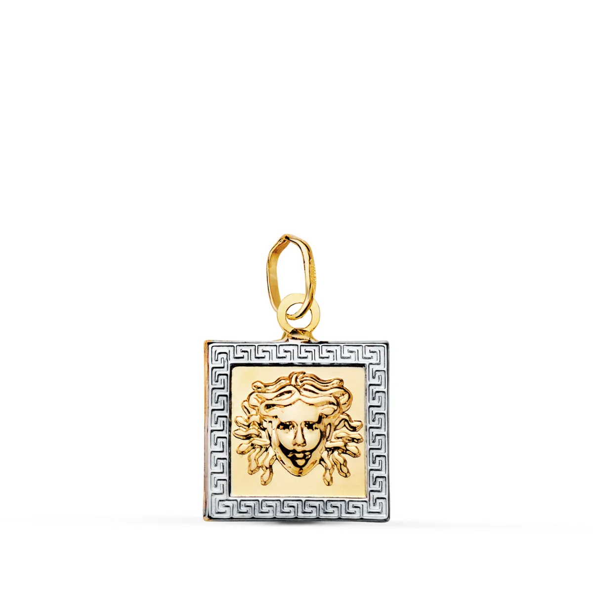 18K COLGANTE ORO AMARILLO MEDUSA CUADRADO BORDE CON GRECA. MEDIDA: 12X12 MM