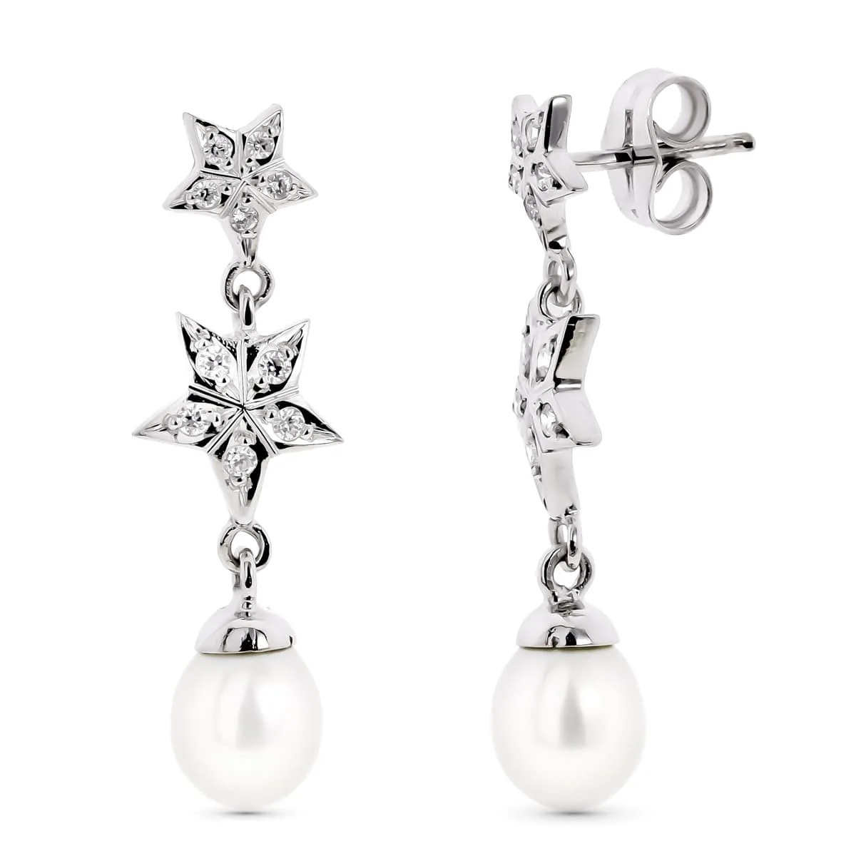 18K PENDIENTES ORO BLANCO CON ESTRELLAS Y PERLA CIERRE PRESION
