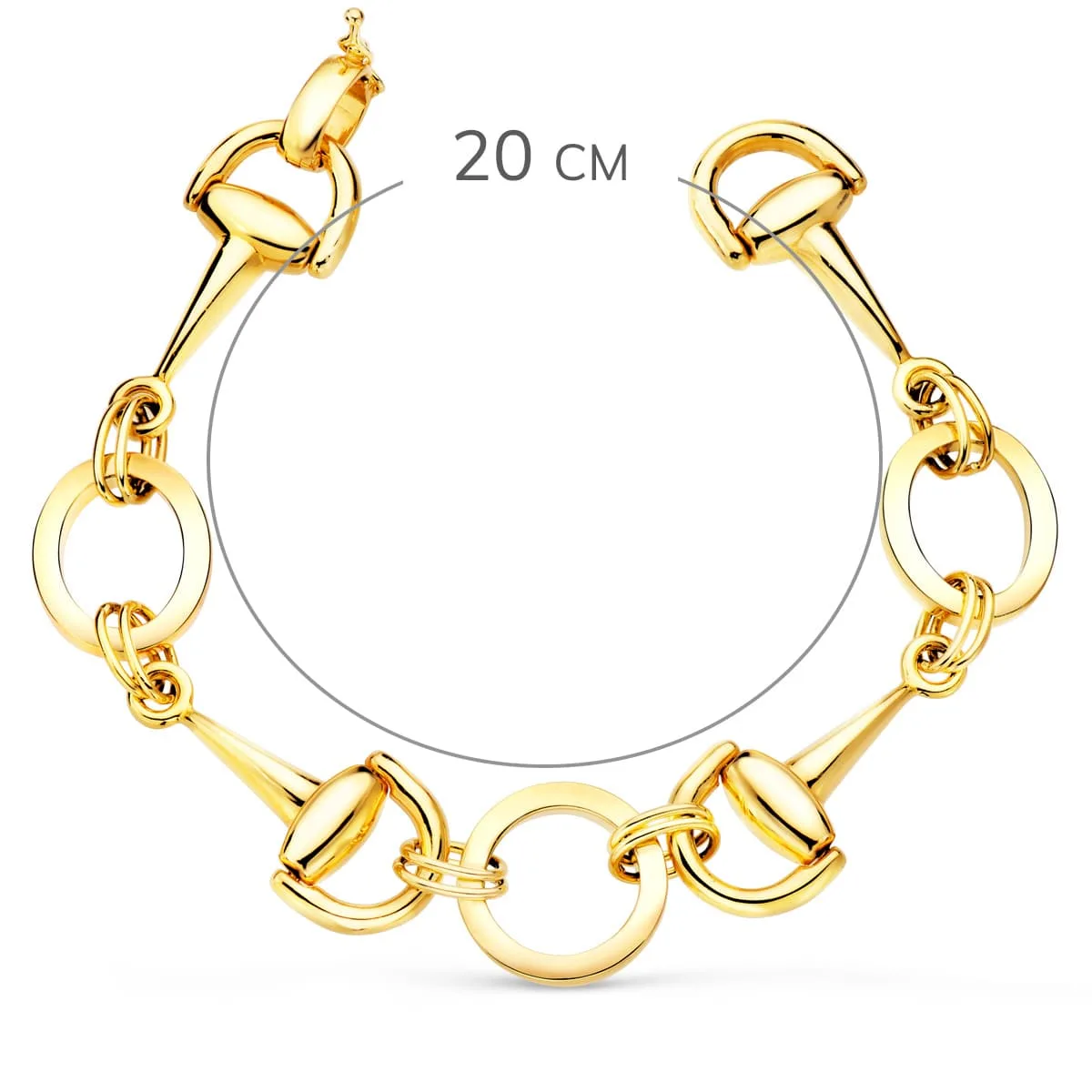 18K PULSERA ORO AMARILLO ARTICULADA CON ESTRIBOS Y CIRCULOS EN BRILLO 20CM — vista 2