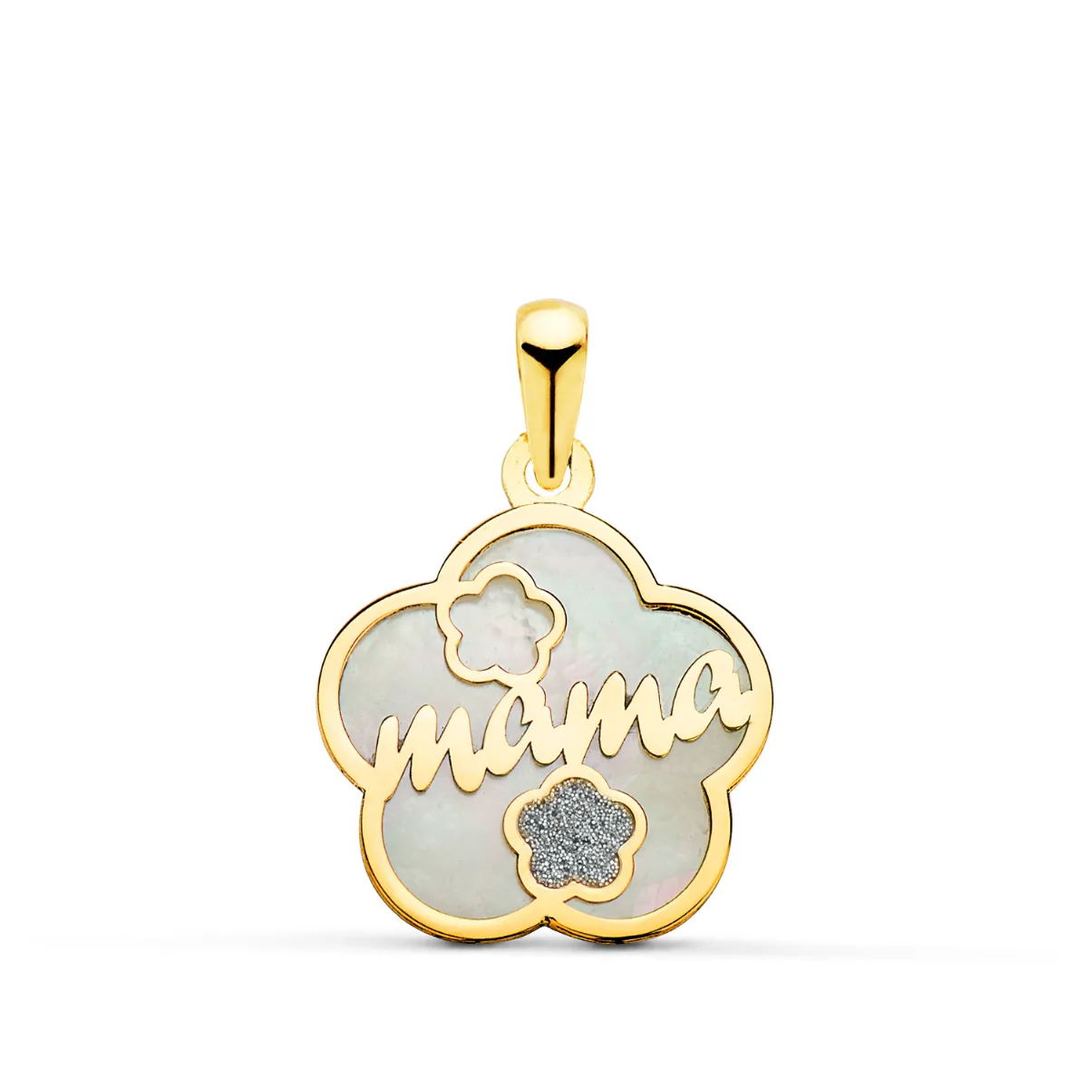 18K COLGANTE DE NACAR ORO AMARILLO FORMA DE FLOR Y MAMA CON CORAZON Y POLVO DIAMANTE 15X15MM