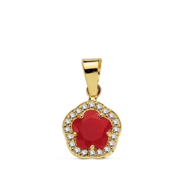 18K COLGANTE ORO AMARILLO FLOR PIEDRA ROJA 9 X9 MM