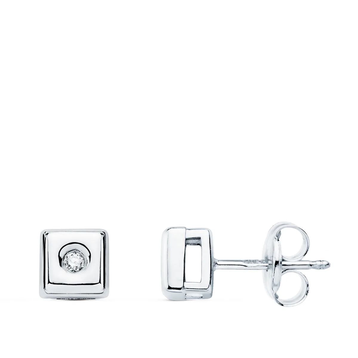 18K PENDIENTES CHATON CUADRADO ORO BLANCO DIAMANTES LABORATORIO 0,040 QTS. G-VS2 CIERRE PRESION 5,5 MM