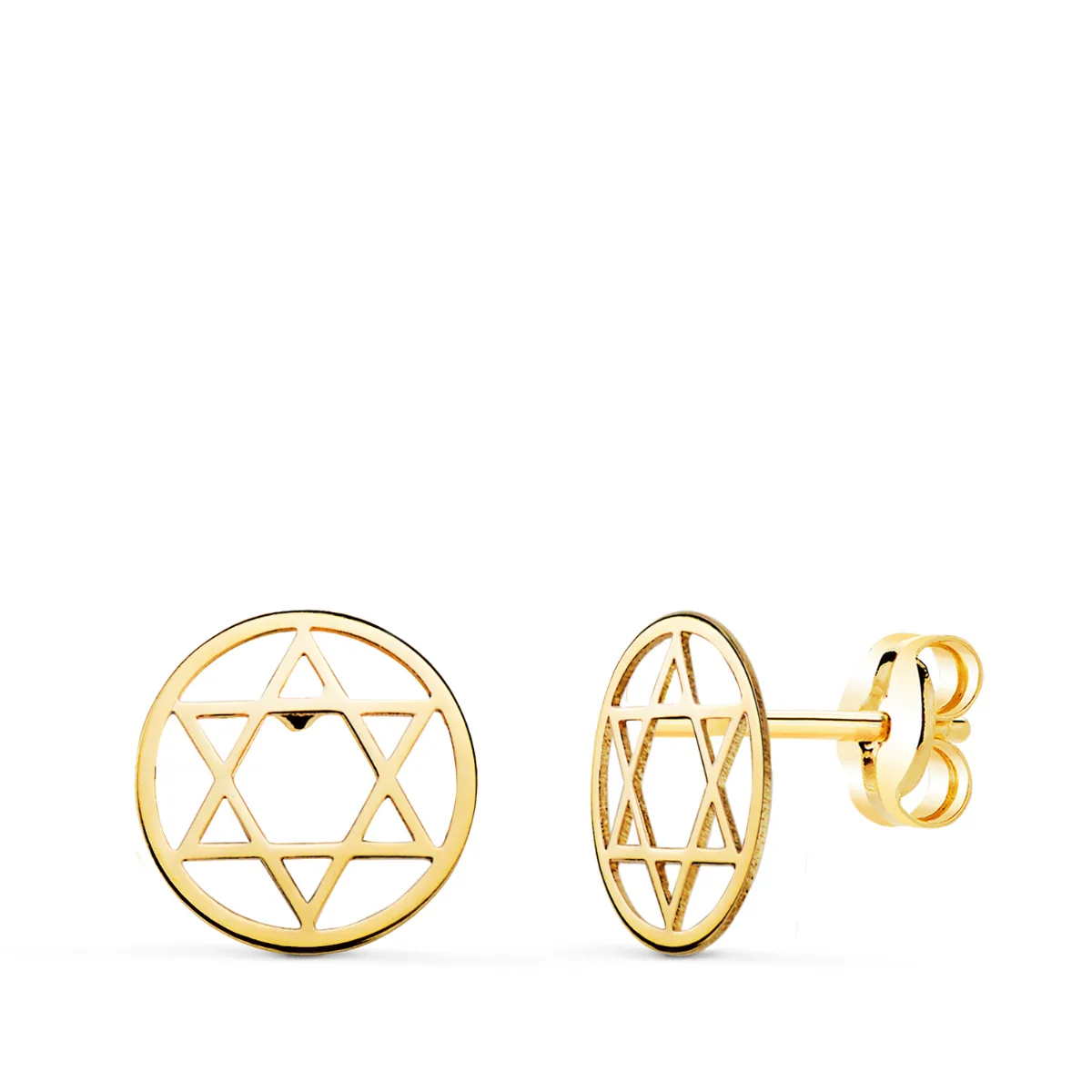 18K PENDIENTES ORO AMARILLO REDONDOS ESTRELLA DE DAVID BRILLO 8 MM. CIERRE PRESION