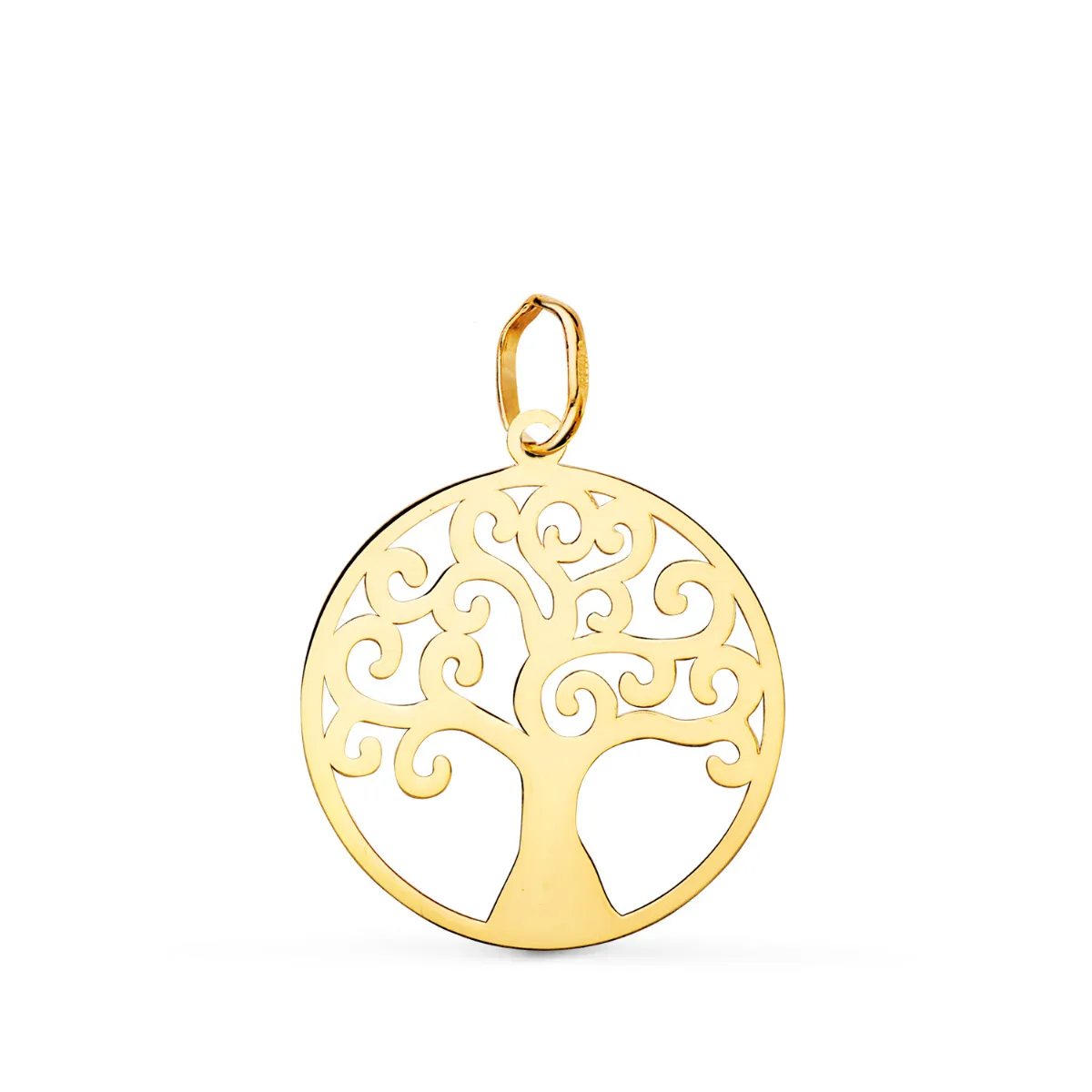 18K COLGANTE AMULETO ORO AMARILLO REDONDO ARBOL DE LA VIDA EN BRILLO 20 MM