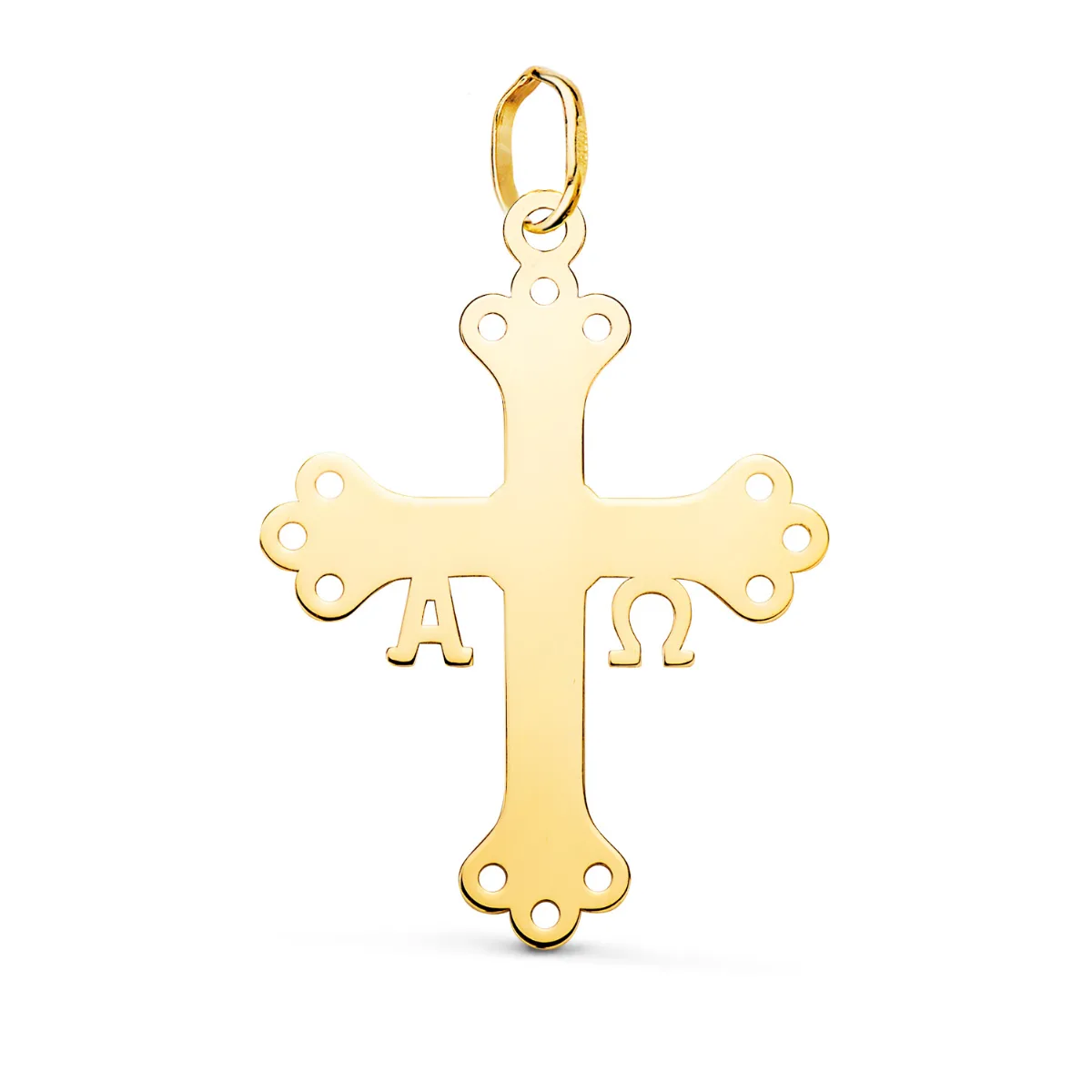 18K COLGANTE ORO AMARILLO CRUZ DE COVADONGA O VICTORIA SILUETA EN BRILLO. 27 X 20 MM