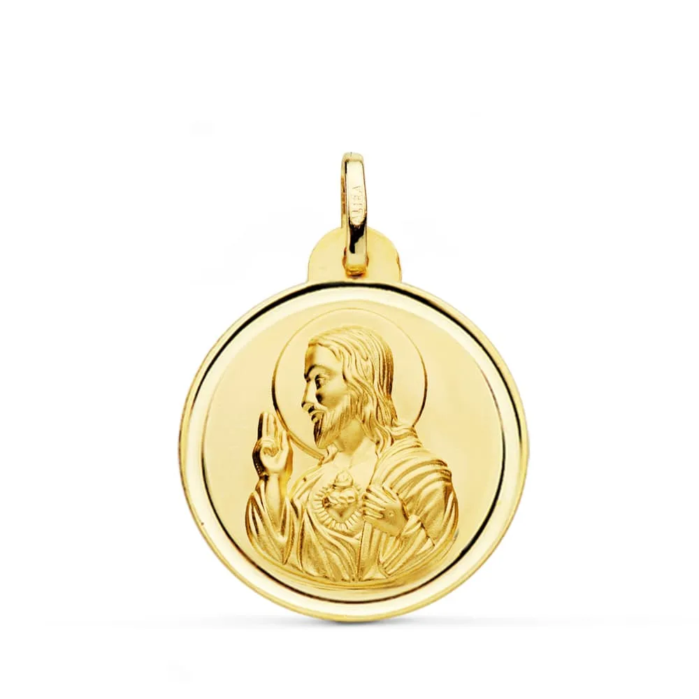 18K MEDALLA ORO AMARILLO CRISTO SAGRADO CORAZON DE JESUS BISEL 24 MM