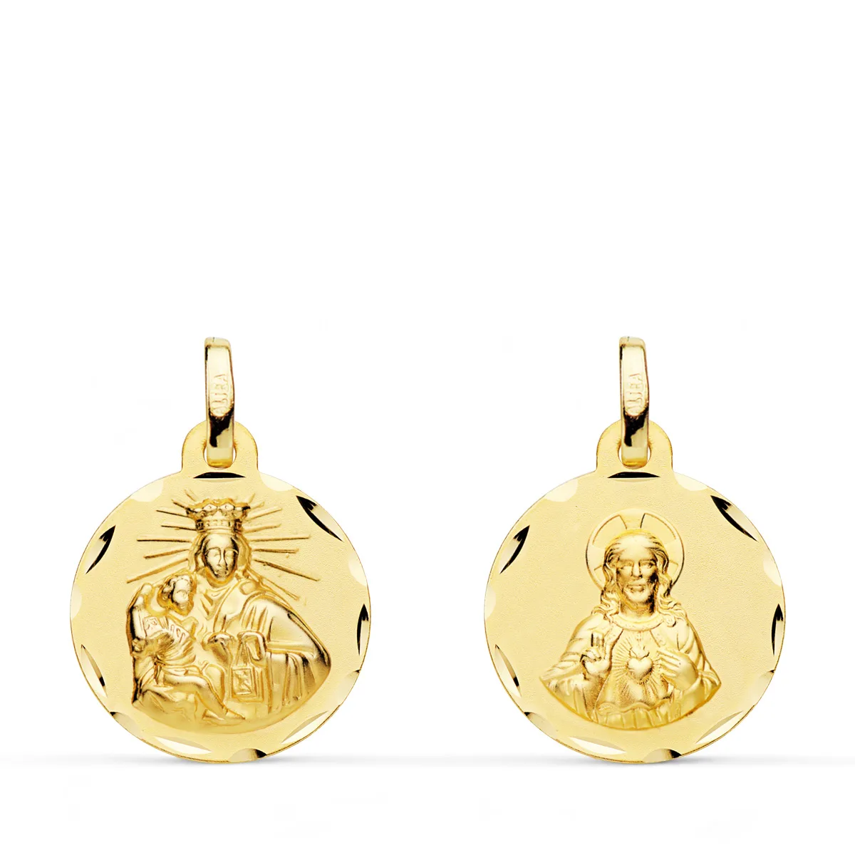 18K ESCAPULARIO ORO AMARILLO CORAZON DE JESUS Y VIRGEN DEL CARMEN ORO AMARILLO TALLADO 16 MM