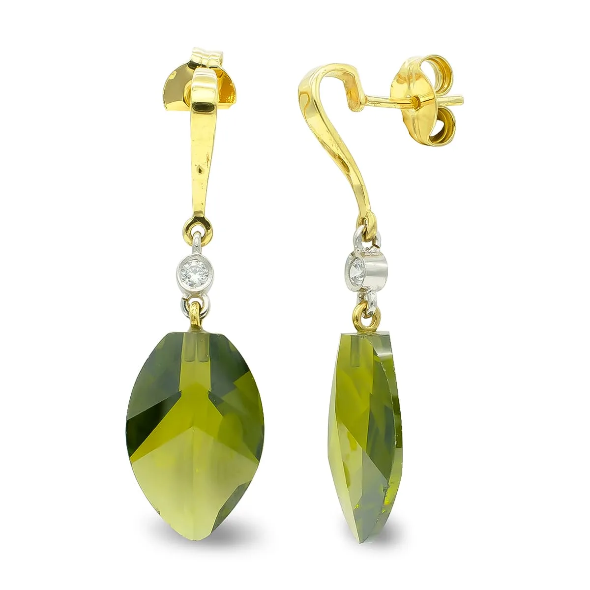 18K PENDIENTES ORO BICOLOR OLIVINA 18 MM CIRCONITA CIERRE PRESION