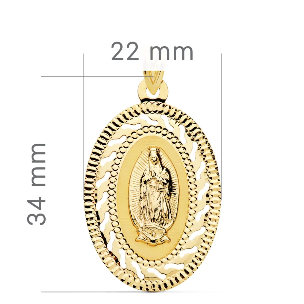 18K MEDALLA ORO AMARILLO VIRGEN GUADALUPE CERCO CALADO Y TALLADO. 34 X 22 MM — vista 2