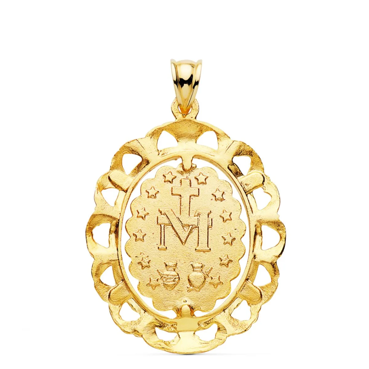 18K MEDALLA ORO AMARILLO VIRGEN MILAGROSA CERCO FILIGRANA TALLADO 30X25 MM — vista 2