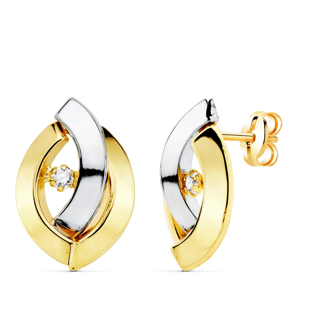 18K PENDIENTES ORO BICOLOR BANDAS Y CIRCONITA. MEDIDA: 15 X 10 MM. CIERRE PRESION