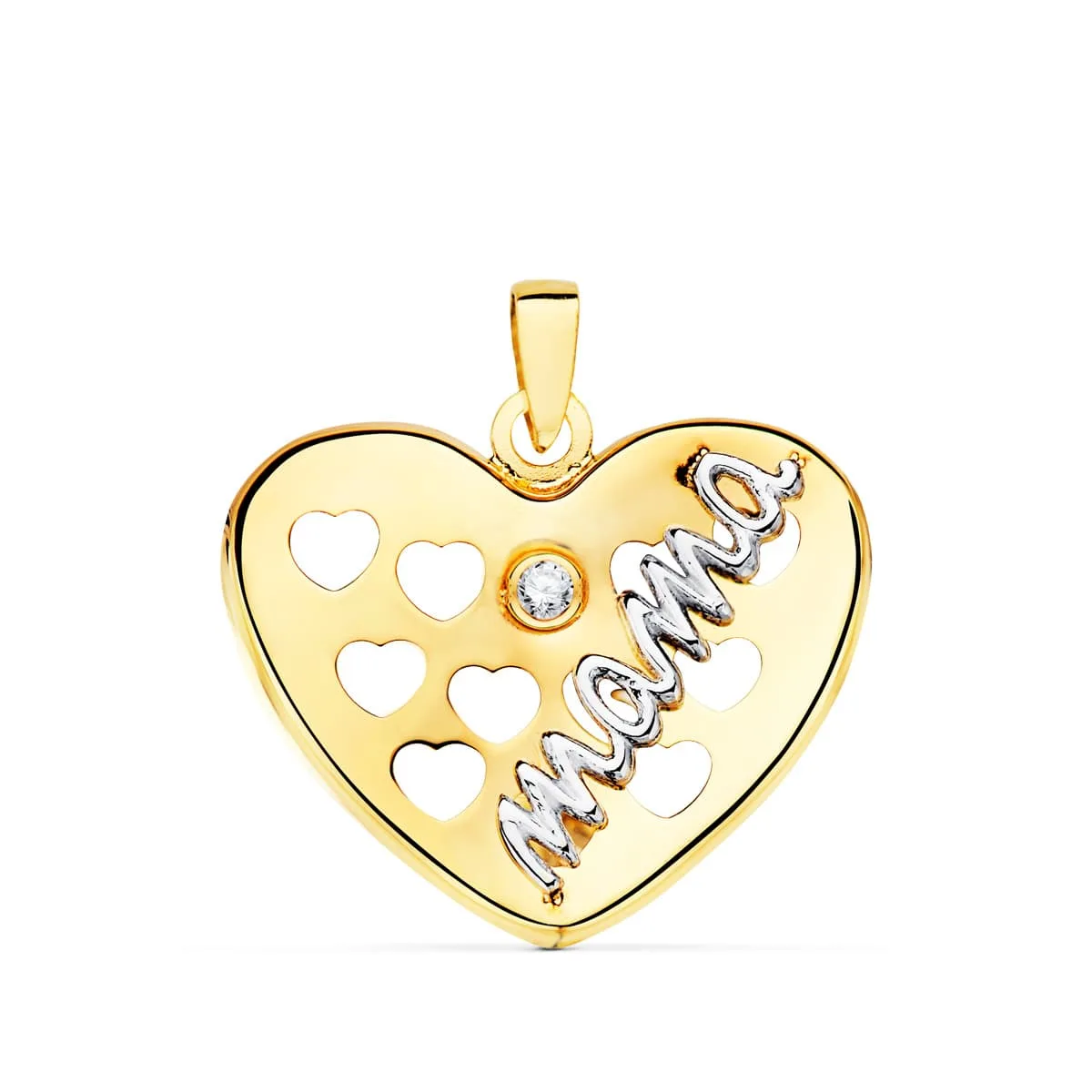 18K COLGANTE ORO BICOLOR CORAZON CON CORAZONES CALADOS Y CIRCONITA 20X16 MM