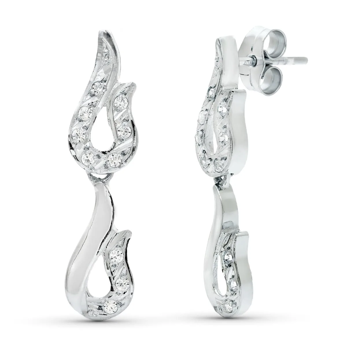 18K PENDIENTES ORO BLANCO JUEGO NOVIA DOBLE CUERPO CIRCONITA 26X7 MM PRESION