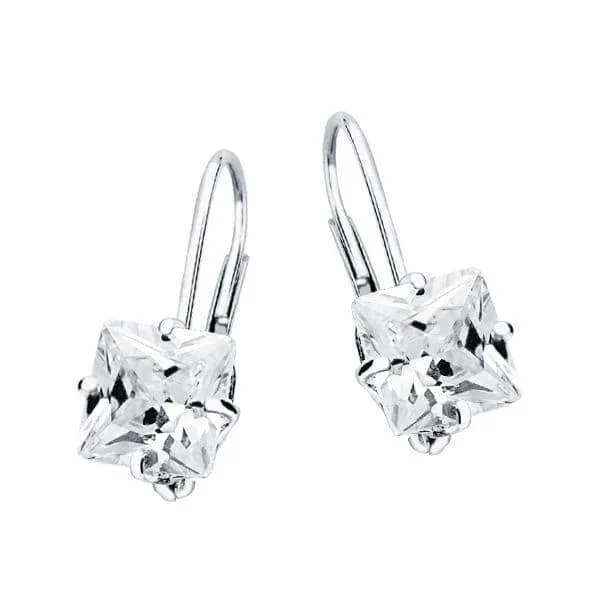 18K PENDIENTES ORO BLANCO PIEDRA CUADRADA 7X7 MM CIERRE GANCHO