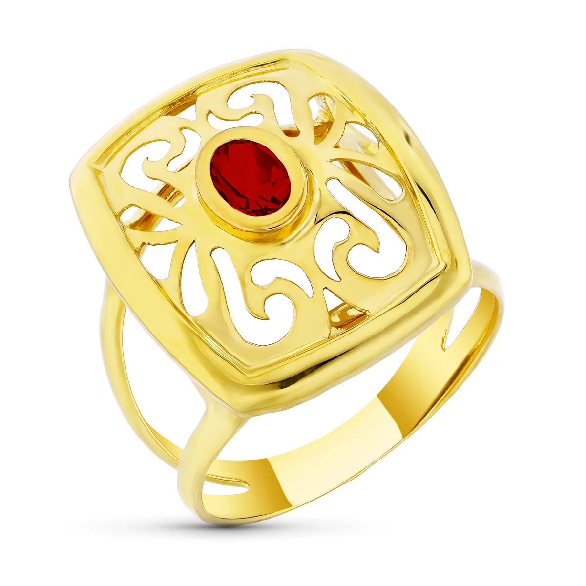 18K SORTIJA ORO AMARILLO MOTIVO CALADO CON CIRCONITA GRANATE. ANCHO: 21 MM