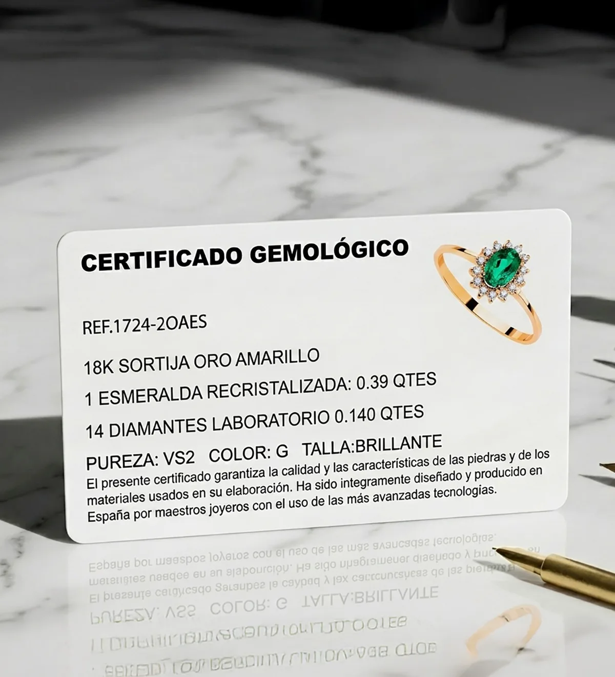 18K SORTIJA ORO AMARILLO ESMERALDA RECRISTASLIZADA  6X4MM 0,39 QTS. DIAMANTES LABORATORIO 0,140 QTS. VS2-G 9,5X8 MM — vista 3