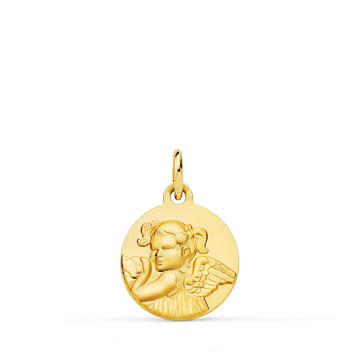 18K MEDALLA ORO AMARILLO ANGEL NIÑA REVOLTOSA MATIZADA 14 MM
