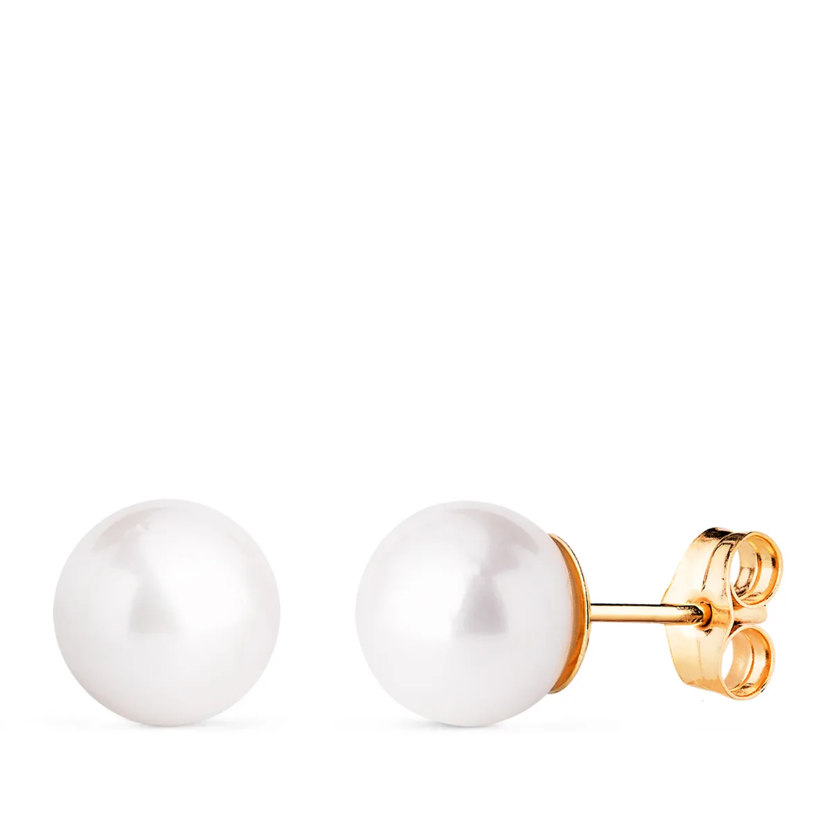18K PENDIENTES ORO AMARILLO PERLAS CULTIVADAS REDONDAS 8-8,5 MM CIERRE PRESION