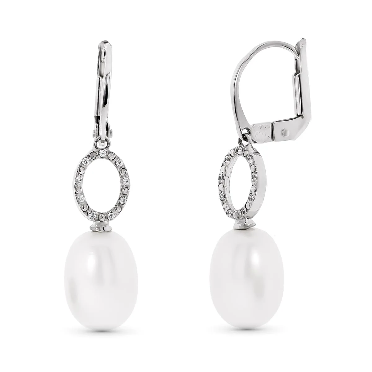 18K PENDIENTES ORO BLANCO MOTIVO OVAL Y PERLA 9 MM CIERRE CATALAN