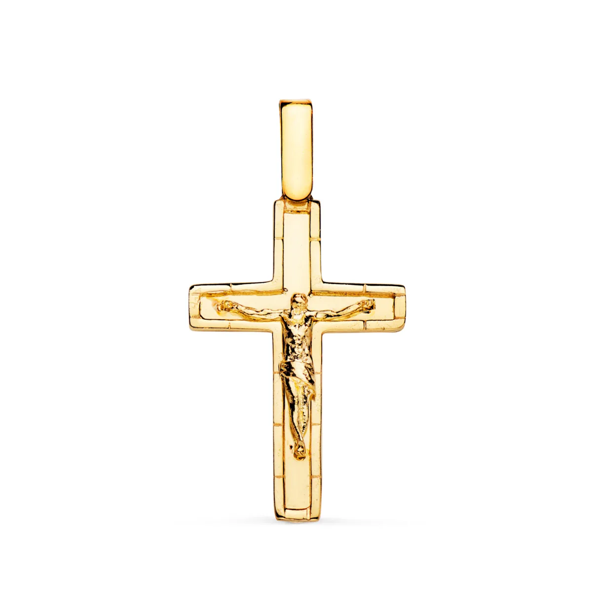 18K CRUZ ORO AMARILLO CON CRISTO EN BRILLO CON BORDES 26 X 17 MM