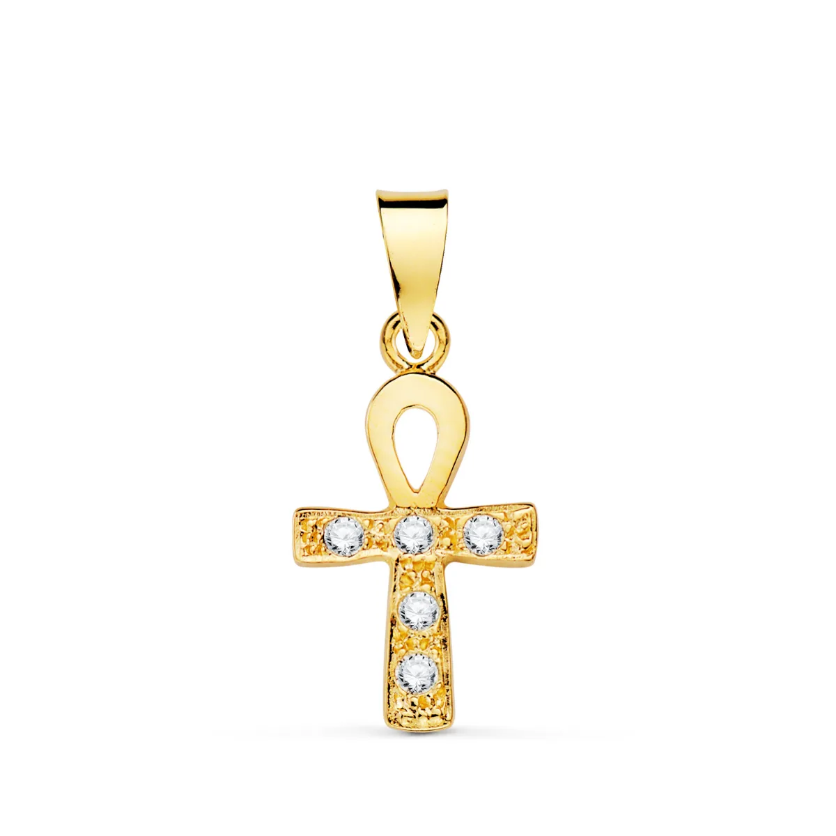 18K CRUZ DE LA VIDA EGIPCIA ORO AMARILLO CON CIRCONITA BLANCAS. 14 X 10 MM. AMULETO EGIPCIO ANKH