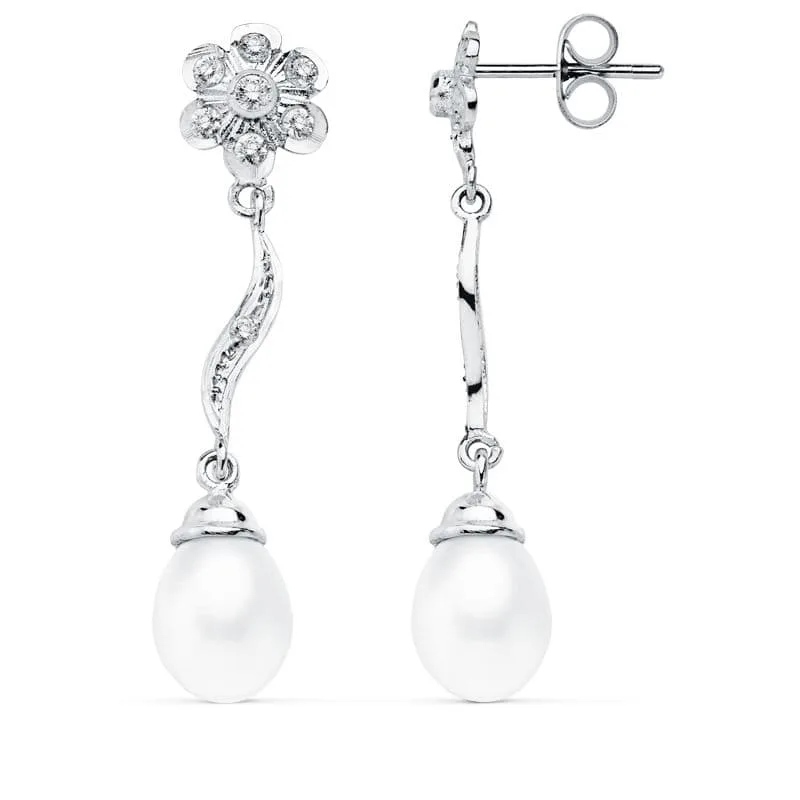 18K PENDIENTES ORO BLANCO PERLA 9X7 MM FLOR 38X8 MM CIERRE PRESION