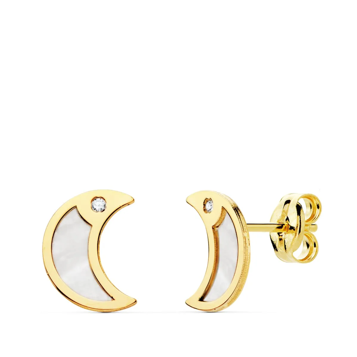 18K PENDIENTES ORO AMARILLO LUNA NACAR Y CIRCONITA 8X6 MM CIERRE PRESION