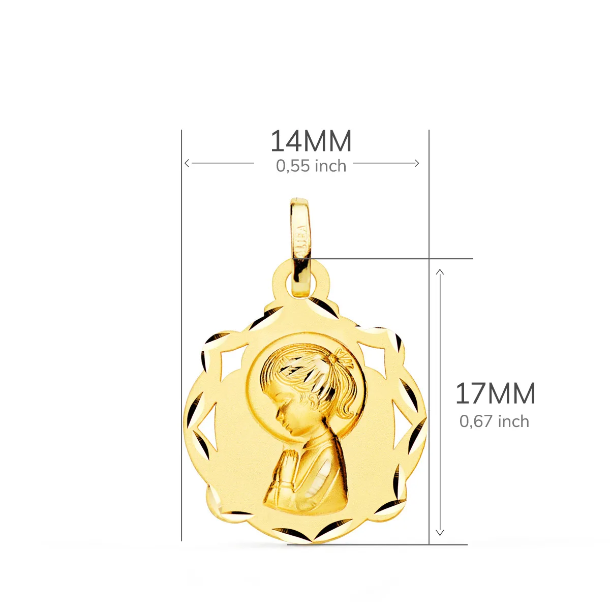 18K MEDALLA ORO AMARILLO CAPILLA VIRGEN NIÑA PERFIL MATIZADA 17X14 MM — vista 2