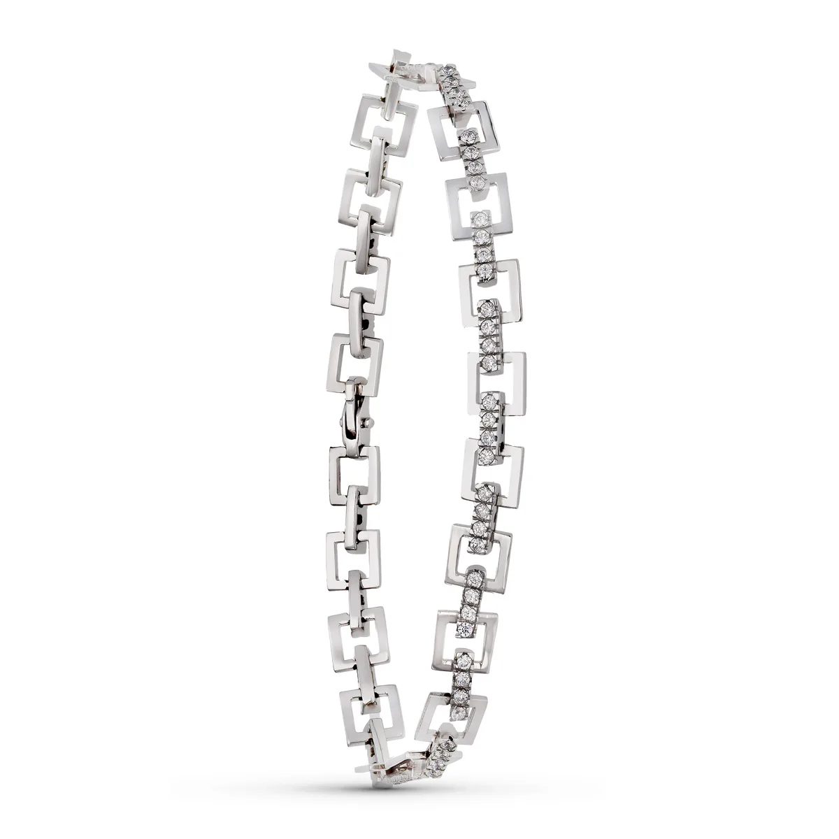 18K PULSERA ORO BLANCO ESLABONES CUADRADOS CIRCONITAS