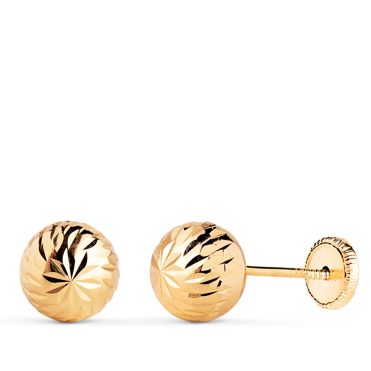 18K PENDIENTES ORO AMARILLO BOLA TALLADA HUECA. ANCHO: 7 MM. CIERRE TUERCA