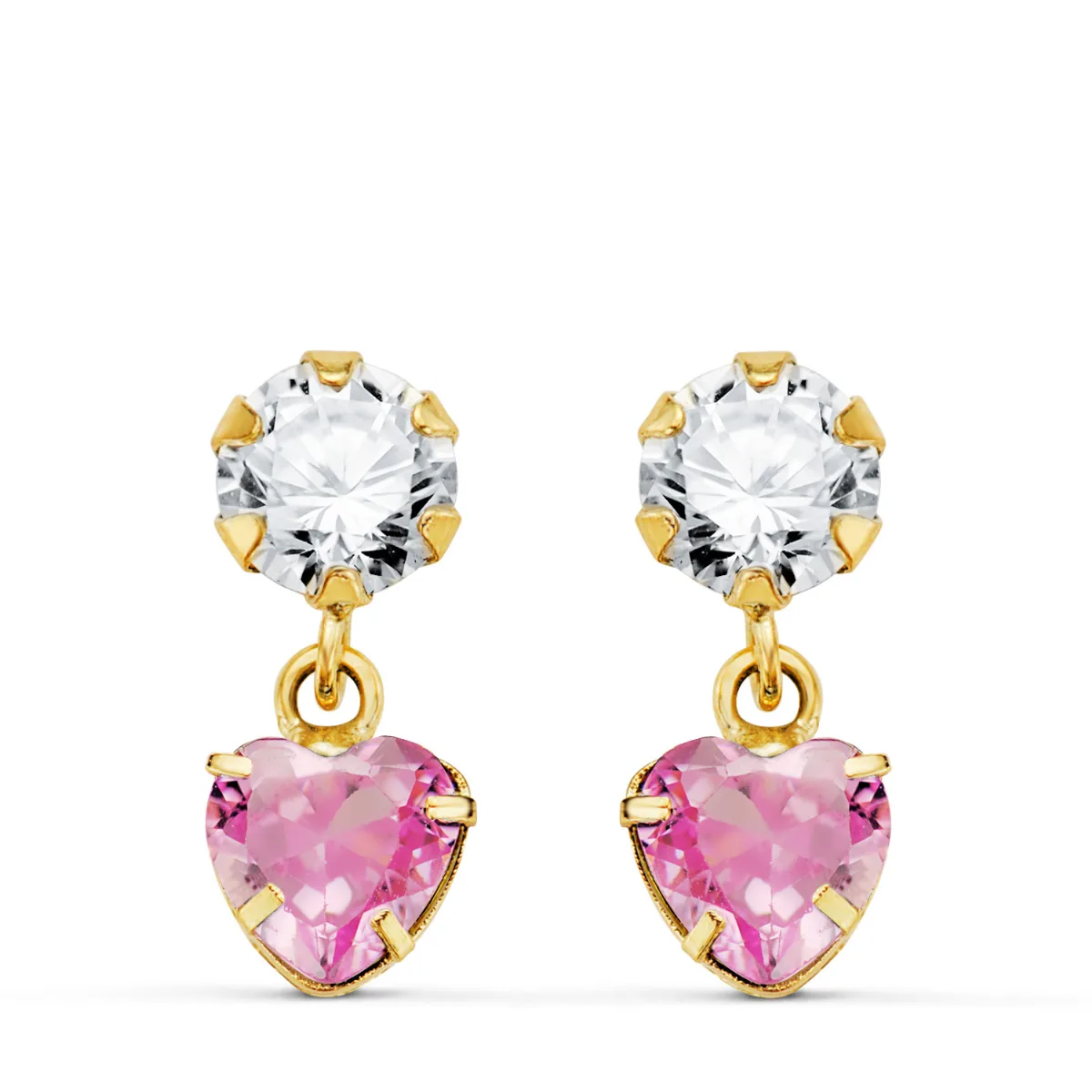 18K PENDIENTES ORO AMARILLO DOS CUERPOS CON CIRCONITA Y PIEDRA ROSA CORAZON 14 X 5MM.  PRESION