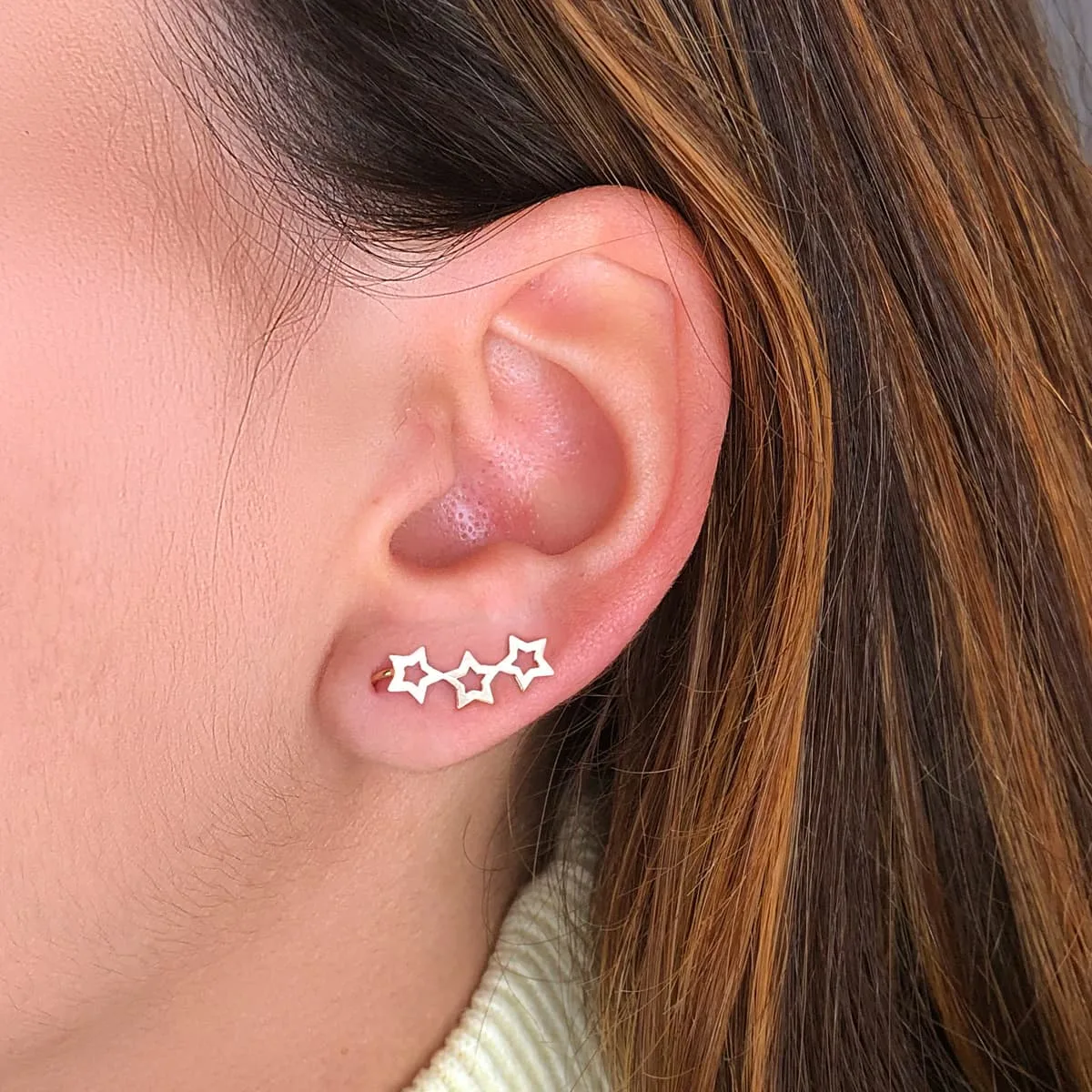18K PENDIENTES ORO AMARILLO TREPADORES 3 ESTRELLAS 15X5 MM — vista 3