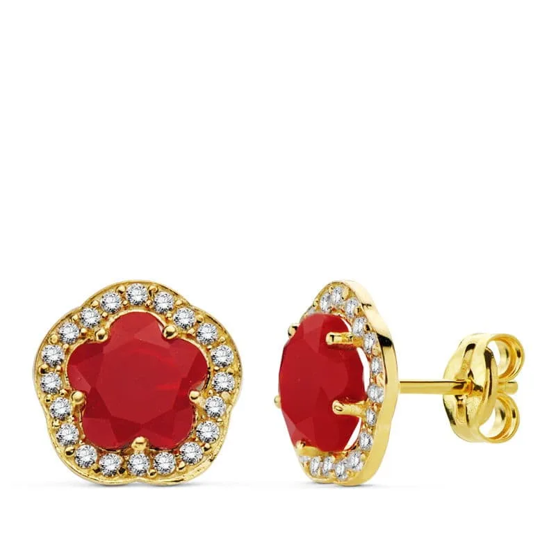 18K PENDIENTES ORO AMARILLO FLOR PIEDRA ROJA 9X9 MM CIERRE PRESION