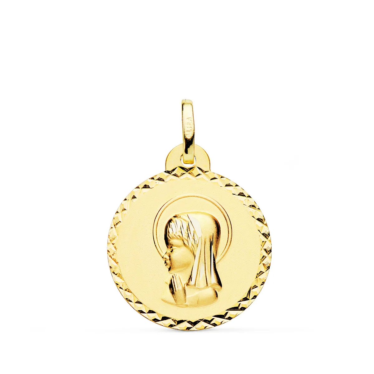 18K MEDALLA ORO AMARILLO VIRGEN NIÑA TALLA CRUZADA 20 MM