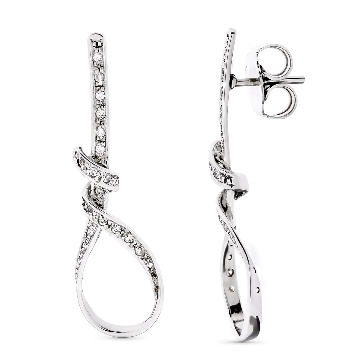18K PENDIENTES ORO BLANCO LARGOS NUDO CIRCONITA 41X12 MM PRESIÓN
