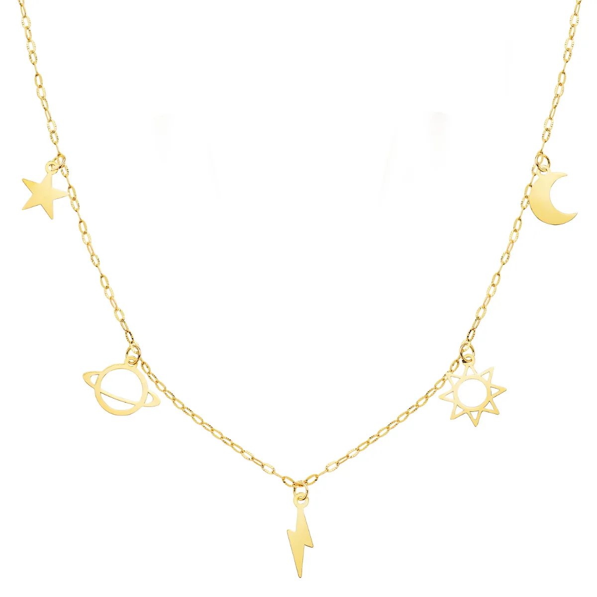 18K GARGANTILLA ORO AMARILLO CON COLGANTES UNIVERSO CADENA FORZADA TALLADA 42 3 CM