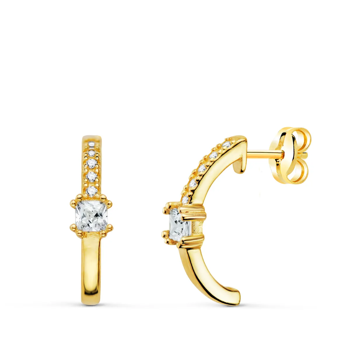 18K PENDIENTES ORO AMARILLO MEDIO ARO LISO BANDA CIRCONITA 13 X 3 MM CIERRE PRESION.