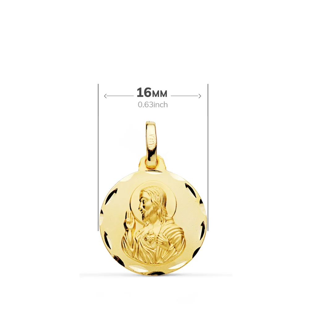 9K ESCAPULARIO ORO AMARILLO TALLADO VIRGEN DEL CARMEN CORAZON DE JESUS 16 MM — vista 2