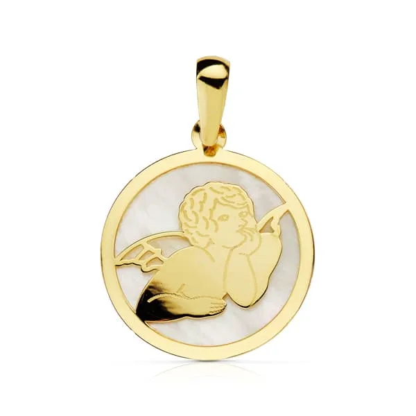 18K COLGANTE ORO AMARILLO REDONDO NACAR ANGEL 17 MM