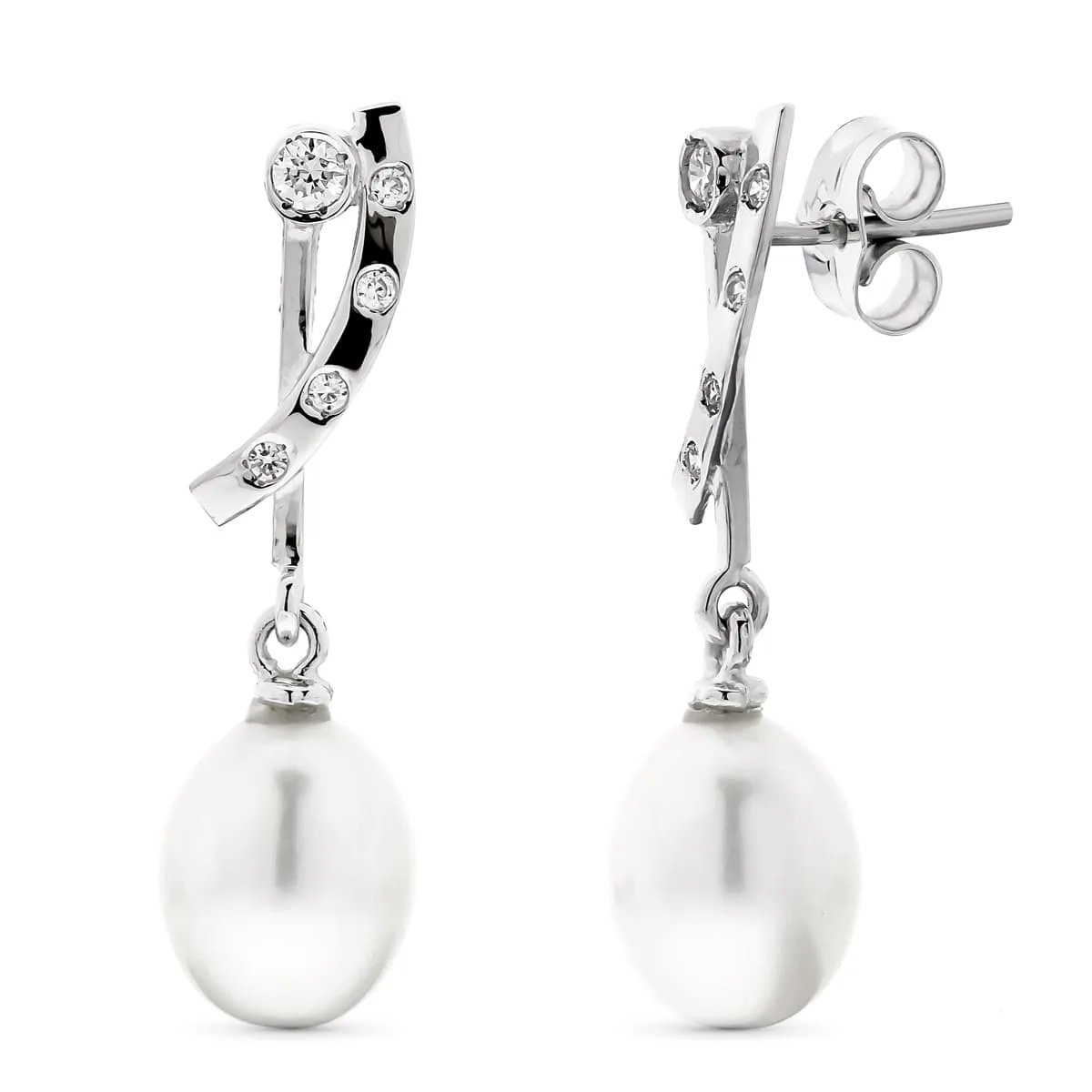 18K PENDIENTES ORO BLANCO LARGOS PERLA PERA Y CIRCONITA CIERRE PRESION