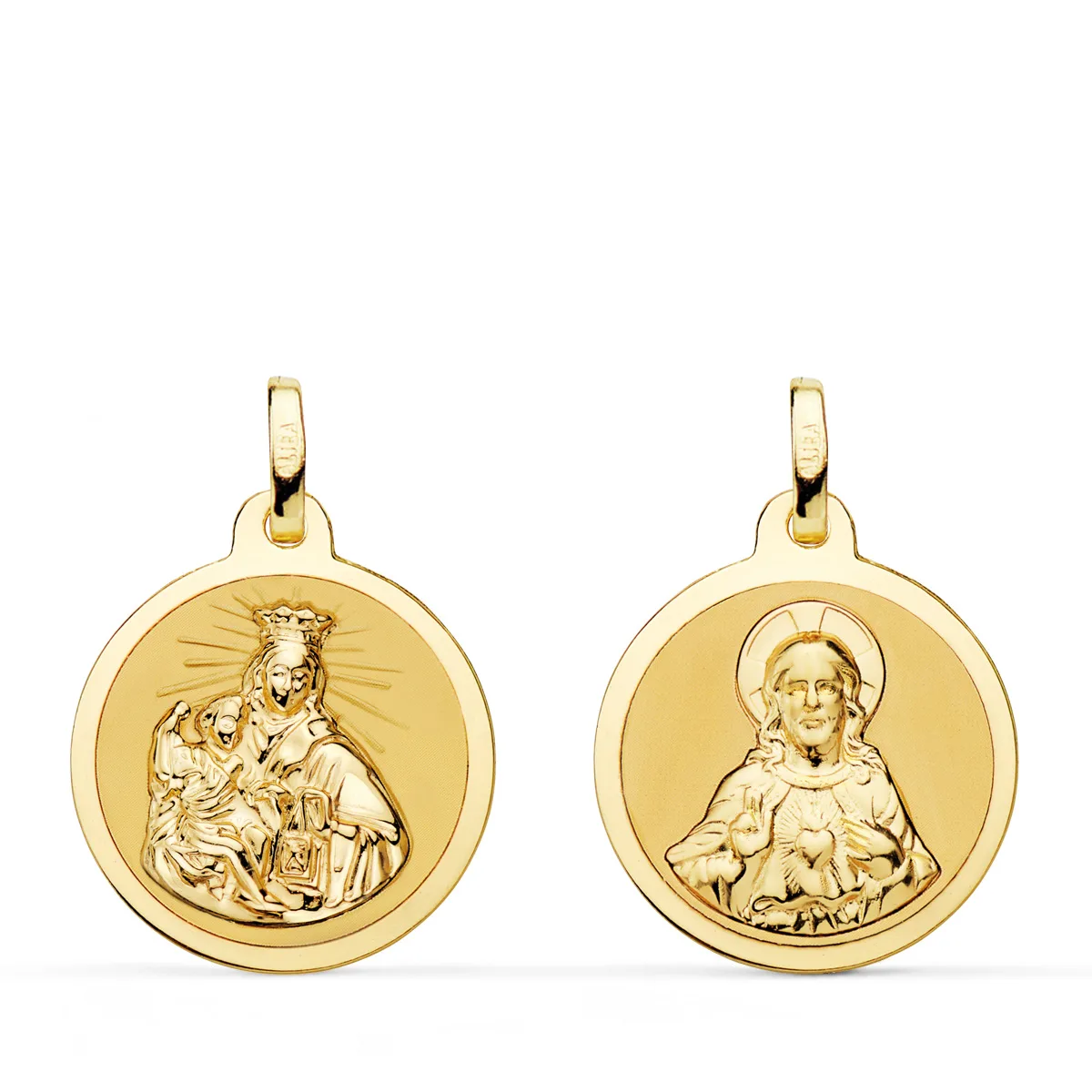 18K ESCAPULARIO ORO AMARILLO VIRGEN DEL CARMEN Y CORAZON DE JESUS EN BRILLO 18 MM
