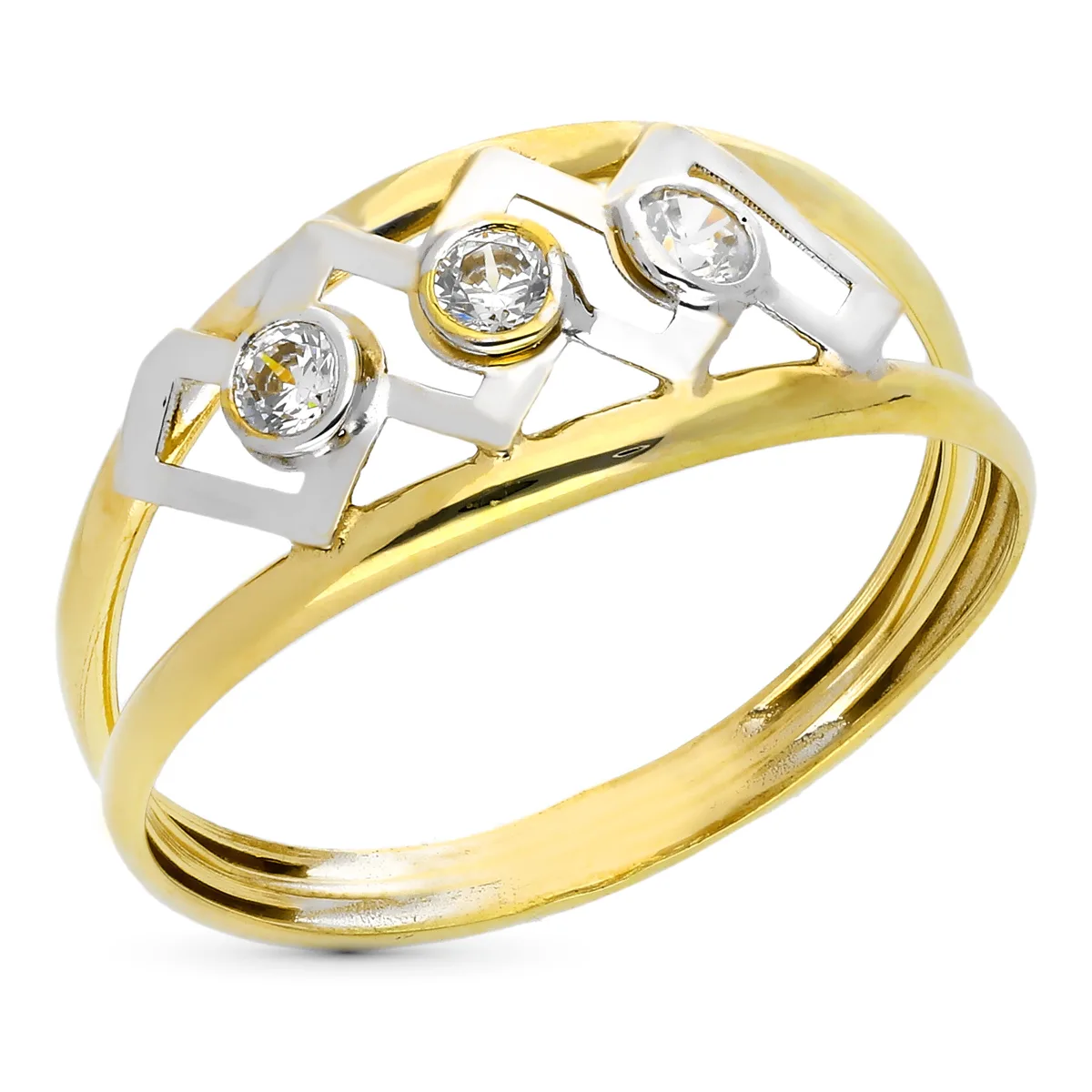 18K SORTIJA ORO BICOLOR DOBLE CUERPO CON CIRCONITA Y MOTIVOS CALADOS. ANCHO: 9 MM
