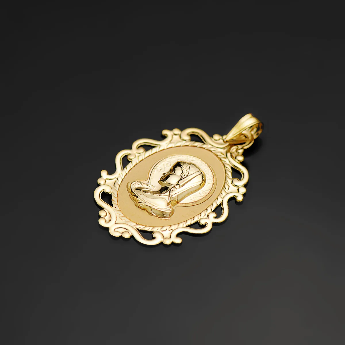 18K MEDALLA ORO AMARILLO VIRGEN NIÑA CERCO CALADO EN BRILLO. 31 X 21 MM — vista 2