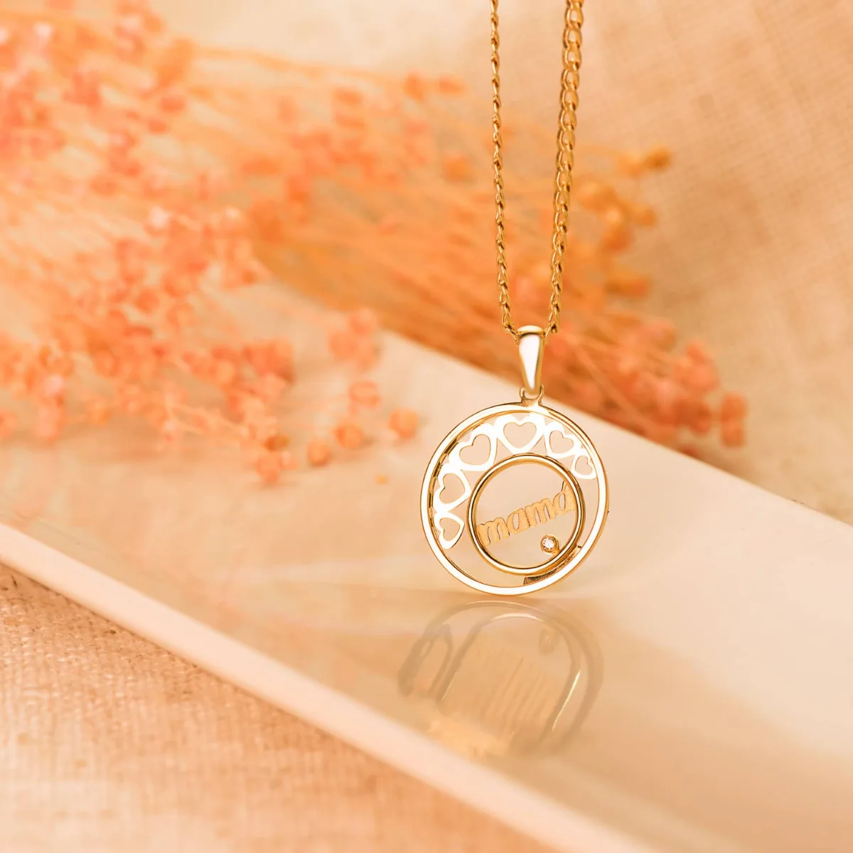 18K COLGANTE ORO AMARILLO CORAZONES Y CIRCULO CON MAMA 20 MM — vista 2